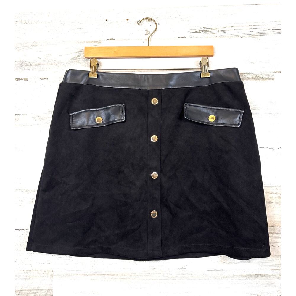 Marc New York Womens XL Black Faux Suede Gold Button Mini Skirt NEW